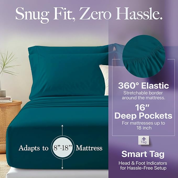 Carressa Linen 100% Egyptian Cotton Split King Sheets Sets for Adjustable Bed - 600 Thread Count 5 PC Top Split King Sheets, 16" Deep Pocket Soft Cooling Sheets for Split King Adjustable Bed - Teal