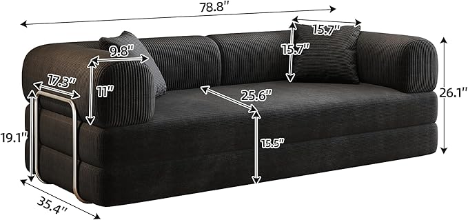 79" Convertible Sofa Bed, Corduroy Folding Pull Out Couch with Pillows, No Assembly Modern Boneless Couch Compression Sofa in Box, Floor Sofa with Support Rods for Living Room,Black