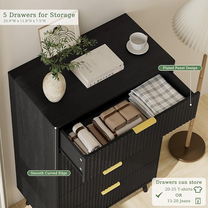 LYNSOM Fluted Dresser and Nightstand Sets 3 Piece, 5-Drawers Dresser and 1-Drawer Nightstands Set of 2, Wood Bedroom Furniture Set for Home, Bedroom, Hallway, Black