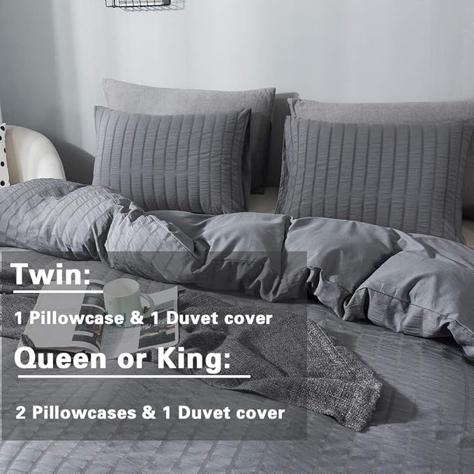 AveLom Dark Gray Duvet Cover Twin Size (68 x 90 inches)，2 Pieces (1 Duvet Cover, 1 Pillow Case) Stripe Textured Soft Washed Microfiber Grey Duvet Cover with Zipper Closure Corner Ties