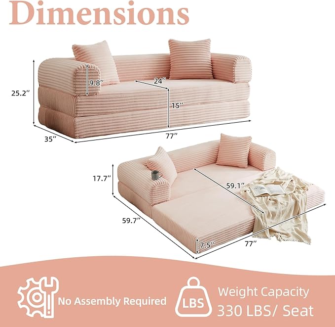 Convertible Futon Sofa Bed, Fold Out Floor Sofa Couch with Sleeper Sofa,Folding Boneless Couches with Deep Seat,Cloud Corduroy Foldable Mattress Couch for Living Room (Pink)