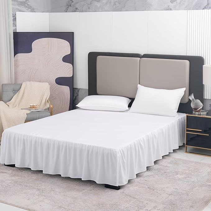 TSUTOMI Bed Skirt King Size Ruffled Bed Skirt with Split Corners, 16 Inch Drop Dust Ruffle Bed Skirts with Platform, Gathered Style, 100% Microfiber, White