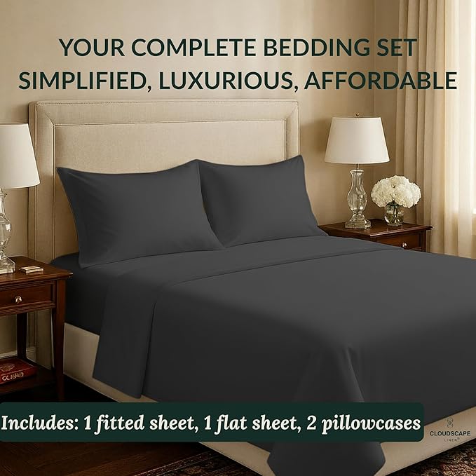 Cloud Scape Linen 100% Egyptian Cotton Sheets for Queen Size Bed, 400 Thread Count, 4 Pieces Bedding Set, Hotel Quality, Silky Soft, Deep Pockets up to 17”, Charcoal