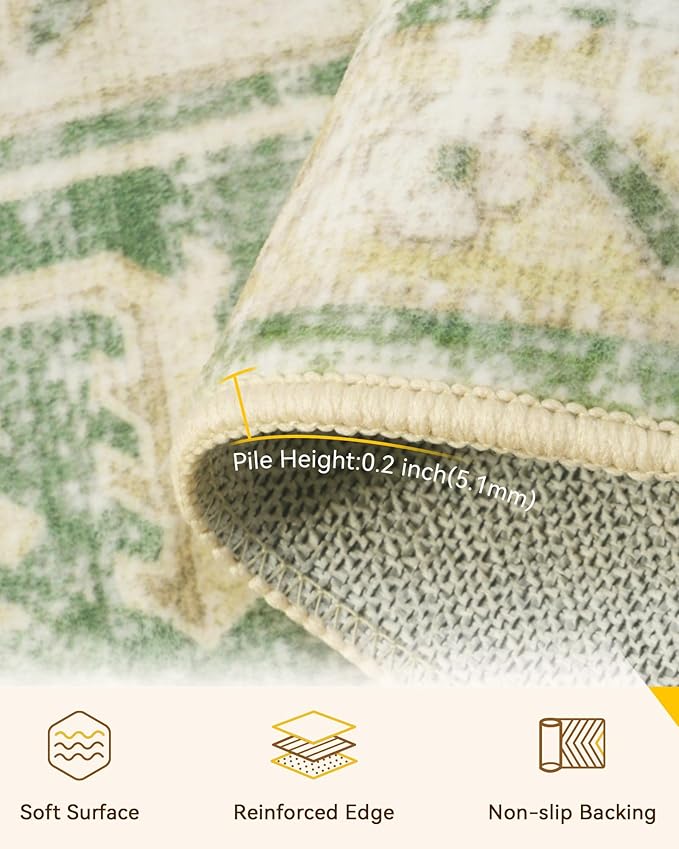 Area Rugs 9'x12' Washable Non-Slip, Floral Vintage Distress Print Pattern Medallion Carpet for Living Room Bedroom Dining Room, Sage Green Yellow
