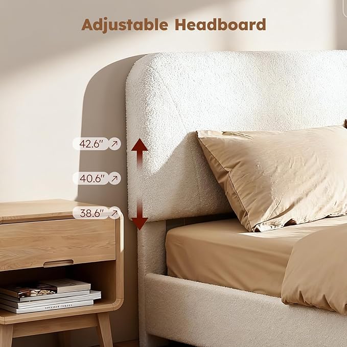 Full Size Cloud Bed Frame, Upholstered Boucle Bed Frame with Adjustable Headboard, Solid Wood Legs, Rounded Corners Design & Easy Assembly – Modern Platform Bed,Cream