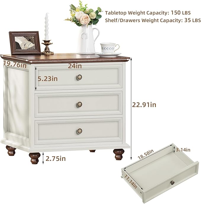 24" Wide Farmhouse Night Stand Set of 2,Large End Table with 3 Drawers & Metal Handle,White Wood Dresser for Bedroom, Bed Side Table Chest of Drawers Cabinet, Nightstand for Living Room,Closet