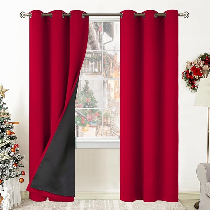 BGment Christmas 100% Blackout Curtains Thermal Insulated with Liner for Living Room Decoration - Grommet Double Layer Energy Saving Bedroom Curtain Drapes (42 x 84 Inches, Red, 2 Panels)