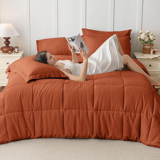 JOLLYVOGUE California King Comforter Set, Ultra-Soft Bed in a Bag Cal King Size 7 Pieces, Oeko-TEX Certified Bedding Set with Down Alternative Comforter, Sheets, Pillowcases & Shams, Burnt Orange