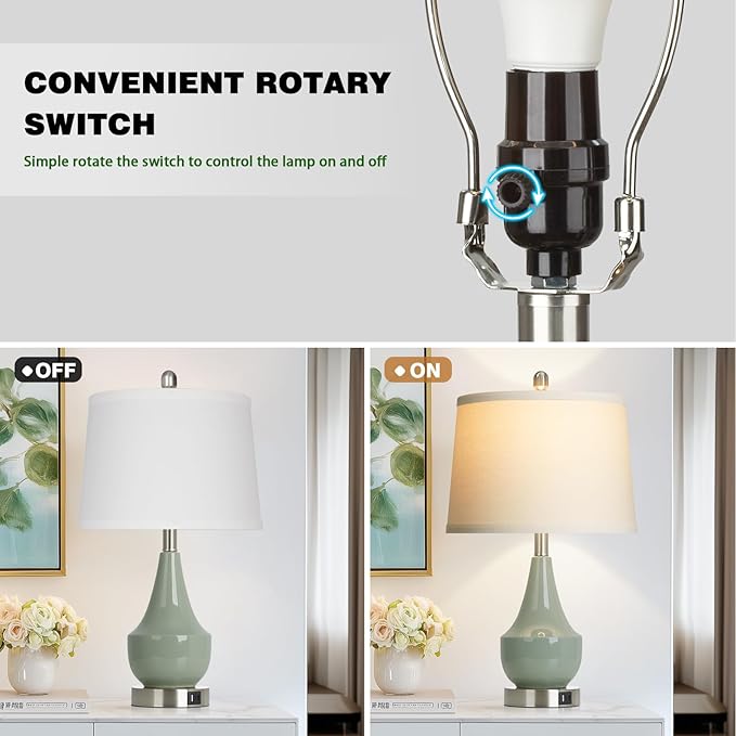 Modern Green Table Lamp Set of 2, 24" Ceramic Table Lamp with USB A+C Ports,Classic Beside Lamps Nightstand Lamp Modern Lamp for Living Room, Bedroom & Office -LED Bulbs Included