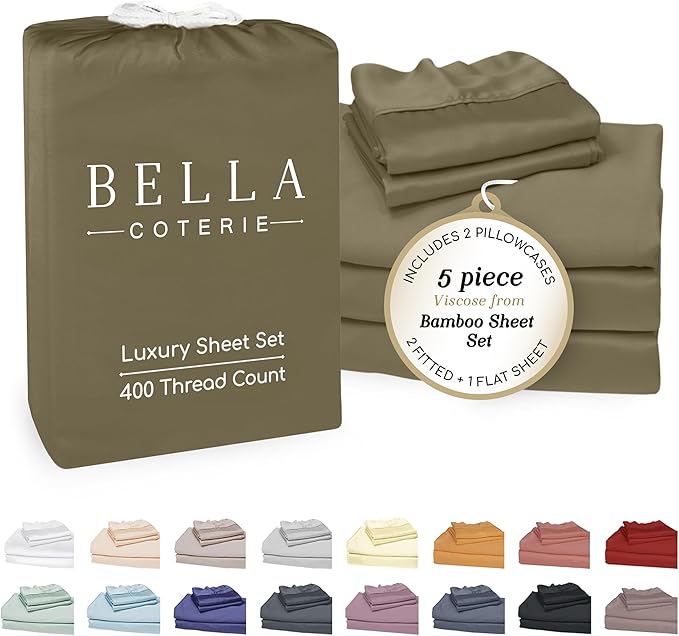 Bella Coterie Luxury Bamboo Viscose Split King Size Sheet Set | 2 Fitted Sheets for Sleep Number & Adjustable Beds | 100% Organically Grown | Cooling & Ultra Soft | 18” Deep Pocket [Olive]