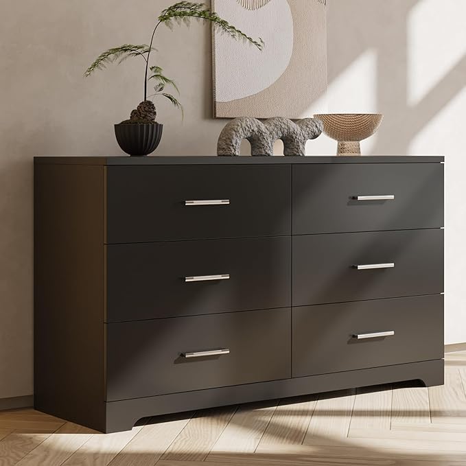 Karl home 6 Drawer Dresser, Wood Black Vanity Drawer Cabinet, Bedroom Storage Cabinet TV Stand, Large Dresser Storage Chest with Deep Drawers, Bedroom Furniture, 47.2×27.6×15.7 inches