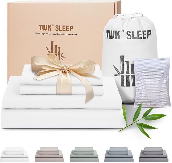 TWK Luxury Sheet Set, Genuine 100% Viscose Derived from Bamboo, Cooling & Breathable, Silky Soft, Bedding Sheets & Pillowcases (White, California King)