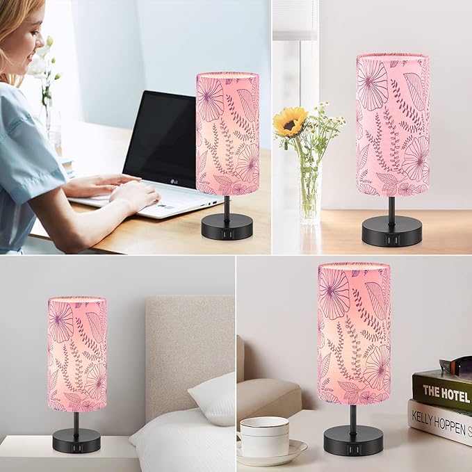Bedside Table Lamp, Modern Touch Control Desk Lamp with 2 USB Ports & Round Flower Linen Fabric Shade, 3 Way Dimmable Small Nightstand Lamp for Bedroom Living Room Home Office Pink(LED Bulb Included)