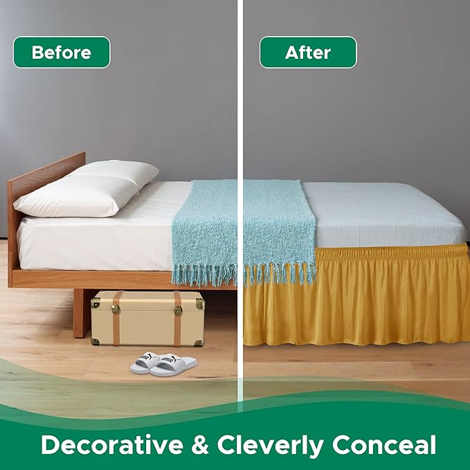 Biscaynebay Wrap Around Bed Skirts for King & Cal King Beds 21" Long Drop, Gold Adjustable Elastic Dust Ruffles Easy Fit Wrinkle Resistant Silky Luxurious Fabric Machine Washable