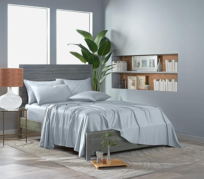 Pure Bamboo Queen Sheets, Genuine 100% Organic Viscose Derived from Bamboo Bed Sheet Set, Luxuriously Soft & Cooling, Double Stitching, 2 Year Quality Promise (Queen, Glacier)
