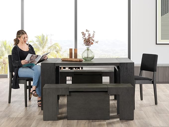 Transformer Table - Solid Wood Extendable Dining Table, Seats 2-12, Extendable Dining Room Table, Space-Saving Furniture, Expandable Dining Furniture (Dark Grey, Table + 2 Benches)