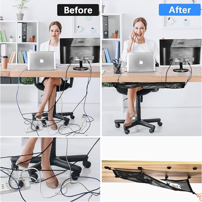 Cable Management Net Under Desk Kit,Privacy Mesh Cable Manager Flexible Under Desk Wire Net Large Capacity Cord Organizer Net for Office,Standing Desk, Home, 26 X 10 Inches
