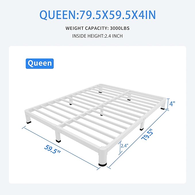 MAF 4 Inch Queen Metal Platform Bed Frame White with Round Corner Legs, Mattress Slide Stopper, 3000 LBS Heavy Duty Steel Slats Support, Noise Free, No Box Spring Needed, Easy Assembly