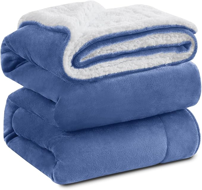 KAWAHOME Sherpa Fleece Twin Size Blanket for Bed - Extra Warm and Heavy Thick Blankets for Winter, Super Soft 500GSM Plush Blanket, 66"X 90" Washed Blue