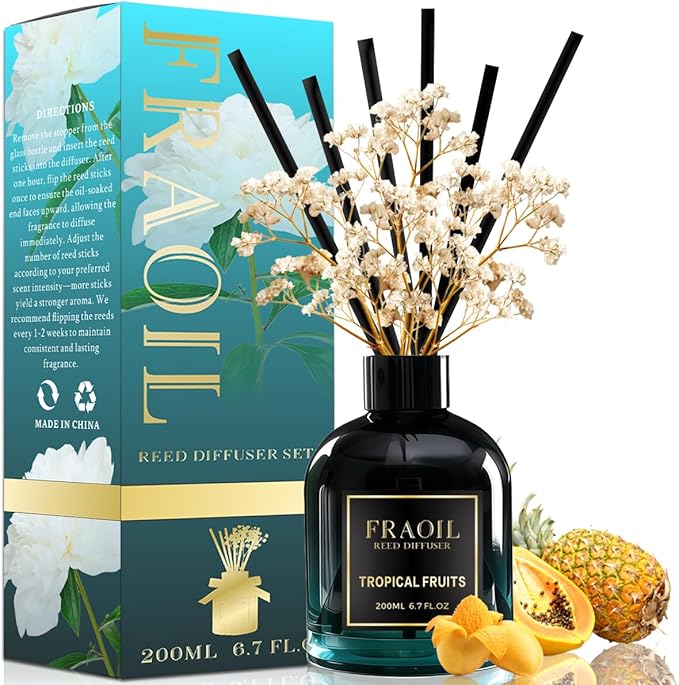 Tropical Fruits Reed Diffuser, Reed Diffuser Set 6.7 fl oz (200 ml) with 6 Reed Sticks, Home Fragrance Reed Diffuser for Bathroom Shelf House Bedroom Office Decor