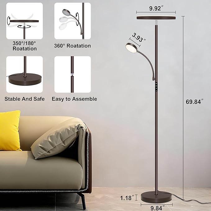 Floor Lamps for Living Room,42W Super Bright LED Floor Lamp,2-in-1 Dimmable Standing Lamp with Reading Light,69'' Tall Lamp with Remote & Touch Control, Modern Floor Lamp for Bedroom,Office