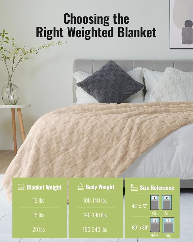 Uttermara Sherpa Fleece Weighted Blanket Full Size(15lbs, 48" x 72", Khaki), 3D Jacquard Checkered Warm Sherpa Heavy Blanket for Adults, Soft Fuzzy Weighted Blankets for Couch Bed Sofa