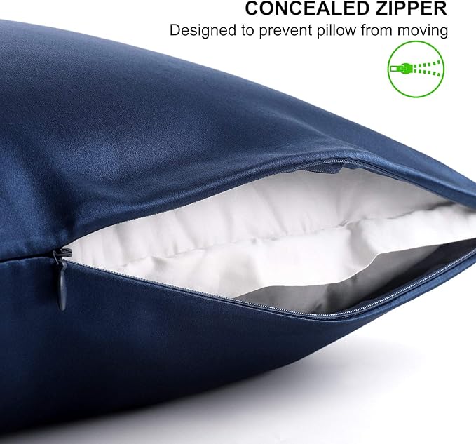ALASKA BEAR Silk Pillowcase for Hair and Skin, Set of 2 Pure Genuine 22 Momme Mulberry Silk Pillow Cases Queen Size for Bliss Sleep Better Than Poly Satin, Zipper Closure(2pc, Navy)