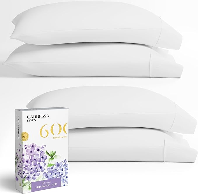 Carressa Linen 100% Egyptian Cotton King Size Pillow Cases Set of 4 - Luxury 600 Thread Count White King Pillowcases, Silky Soft, Cooling, Breathable Sateen Weave Hotel Quality Bed Pillow Cover