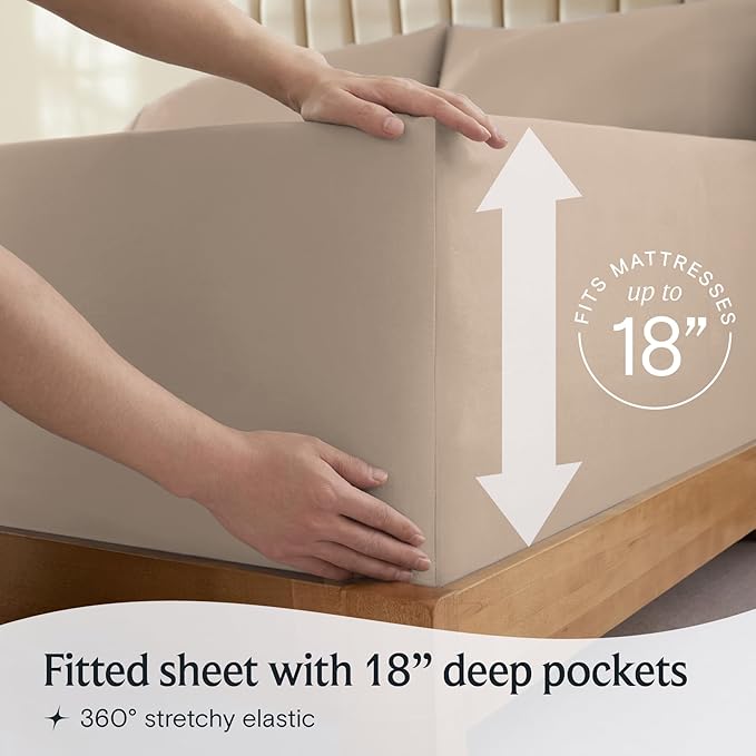 LuxClub 4 PC Queen Sheet Set, Deep Pockets Wrinkle Free Cooling Bed Sheets Hotel Bedding for Women, Men, Includes 1 Fitted Sheet, 1 Flat Sheet and 2 Pillowcases-Soft Light Khaki