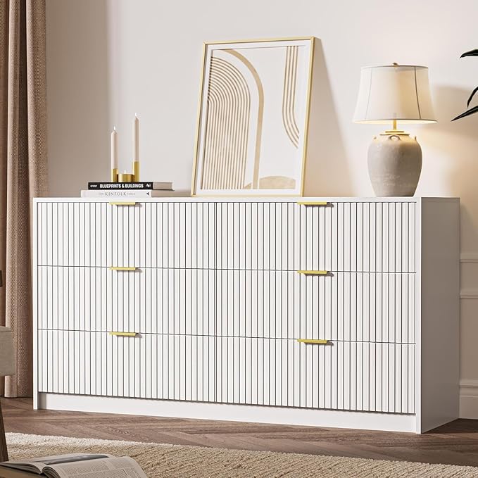 White 6 Drawer Dresser for Bedroom, 55" Wide Modern Chest of Drawers with Gold Metal Handles, Fluted Wood TV Stand for Living Room, Hallway