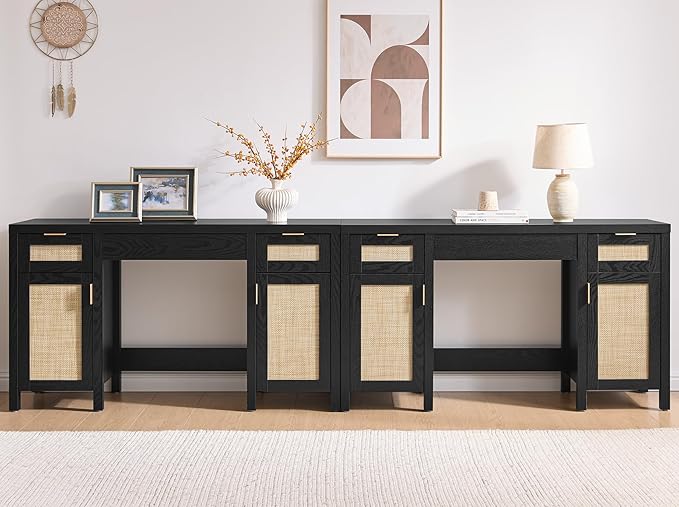 SICOTAS 2 Pieces Rattan Vanity Home Office Desk - Big Boho Makeup Vanities Benches with Drawers & Storage Cabinets, Dressing Vanity Table for Makeup Room, Bedroom, Home Office, Black Oak