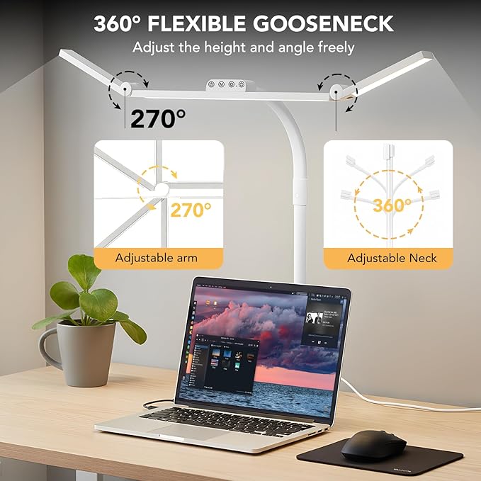 LED Desk Lamp for Home Office with Base, 28.2" Adjustable Gooseneck Swing Arm Bright Desk Light, Dimmable Architect Table Lamp for Desktop Computer Light, Reading, Study, Workbench（White）