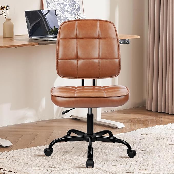 CLATINA Armless Home Office Chair with Lumbar Support and Wheels, Small PU Leather Ergonomic Low Back Desk Chairs No Arms, Adjustable Height 360° Swivel Rolling Computer Task Chair, Brown, 4 Pack