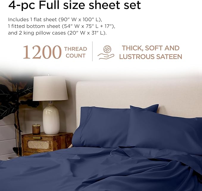 Threadmill Luxury Full Size Sheets for Full Size Mattress, 1200 Thread Count Supima Cotton Sheet, 5-Star Hotel Quality 4 Piece Bed Sheets with Extra Deep Pocket, Folkstone Blue