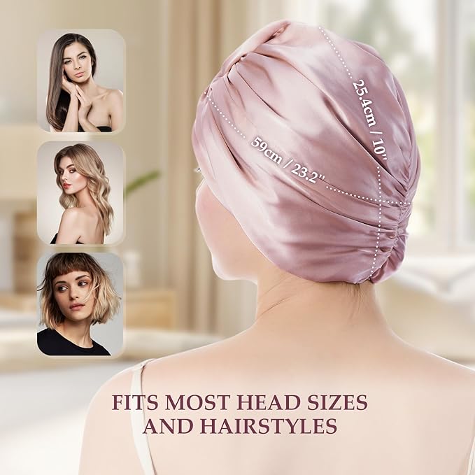 Silk Bonnet for Sleeping Women, 100% Mulberry Silk Sleep Cap with Elastic Band, Real Mulberry Shower Cap on Both Sides, Rose Pink