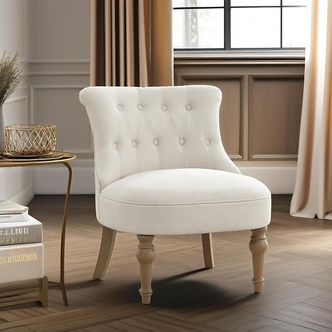 Living Room Chairs, Armless Accent Chair, Comfy Tufted Bedroom Chair, Upholstered Chair with Wooden Legs for Reading Room, Reception, Apartments and Dormitories (Beige)