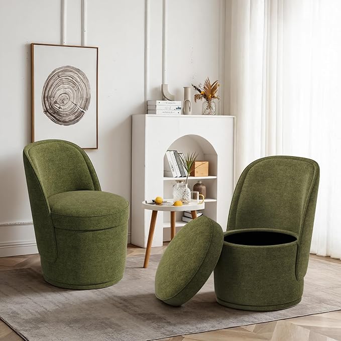 Swivel Accent Chair Set of 2, 360° Swivel Round Chair with Hidden Storage, Vanity Chairs, Modern Small Barrel Armchair for Living Room/Bedroom, Green