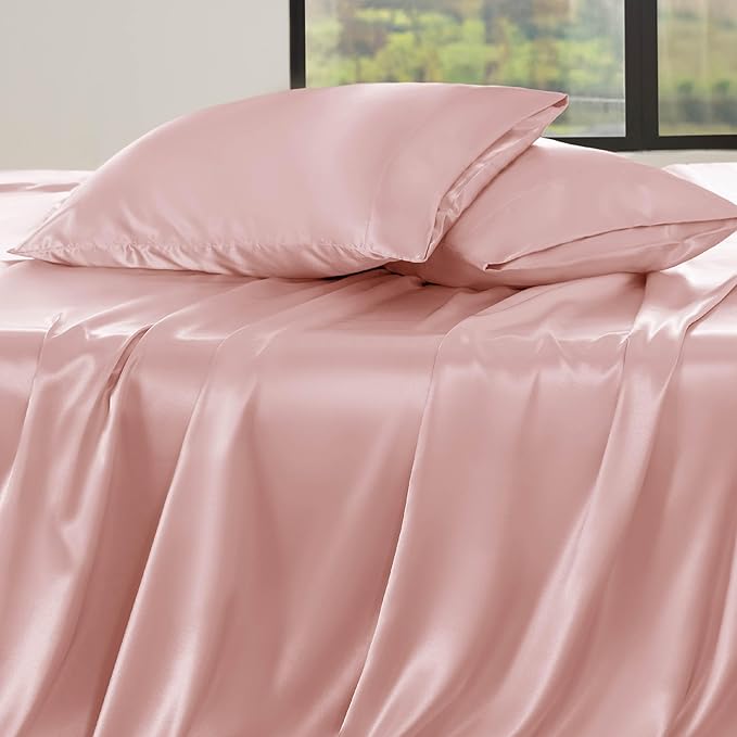 Bedsure Satin Sheets Full Size - 4 Piece Silky Bedsheets with 15 Inches Deep Pocket Fitted Bedsheet,1 Flat Sheet, 2 Satin Pillowcases, Good for Hair & Skin (Full, Blush Pink)