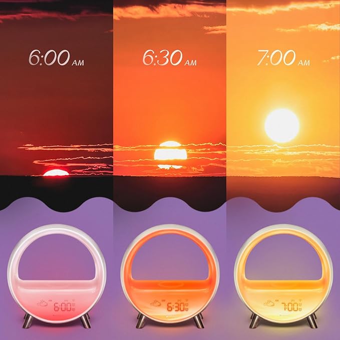 Dekala 5G Arches Gradual Sunrise Alarm Clock with Wireless Charging Loud Alarm Clock for Heavy Sleepers Sunset White Noise Sleep Sound Machine Bluetooth Speaker Night Light Touch/App/Button Control