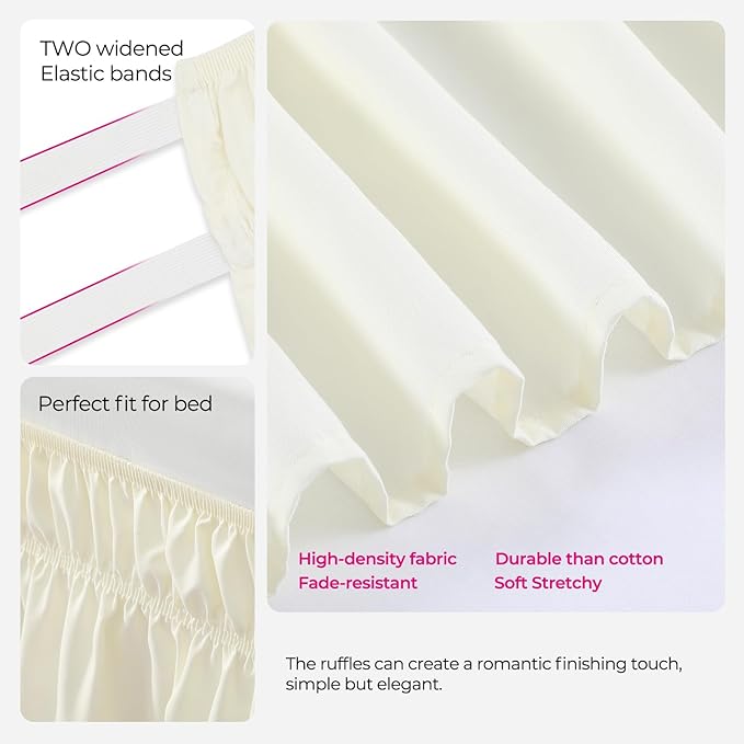 RIMELA Cream Yellow Bed Skirt Full Size 15 Inch Drop, Elastic Bed Skirting for Bed Base and Frame, Bedding Dust Ruffle Easy to Install, Lightweight Wrap Around Adjustable Bedskirt