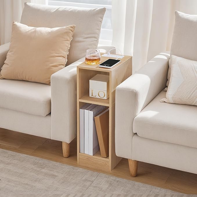 Narrow Nightstand, Slim End Table with Charging Station and LED Sensor Light, Modern Side Table, Bedside Table, for Small Spaces, Living Room, Bedroom, Natural ETNA25E01