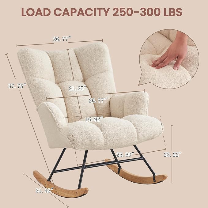 Rocking Chair Nursery Teddy Upholstered Glider Rocker Rocking Accent Chair Padded Seat with High Backrest Armchair Comfy Side Chair for Living Room Bedroom Offices (Ivory Teddy)