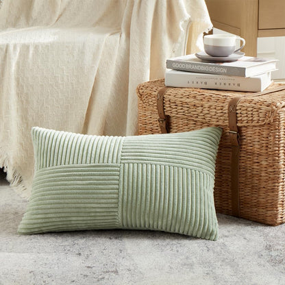Fancy Homi 2 Packs Sage Green Long Lumbar Decorative Throw Pillow Covers 16x24 Inch for Couch Bed Sofa, Rustic Farmhouse Boho Home Decor, Soft Striped Corduroy Rectangle Accent Cushion Case 40x60 cm