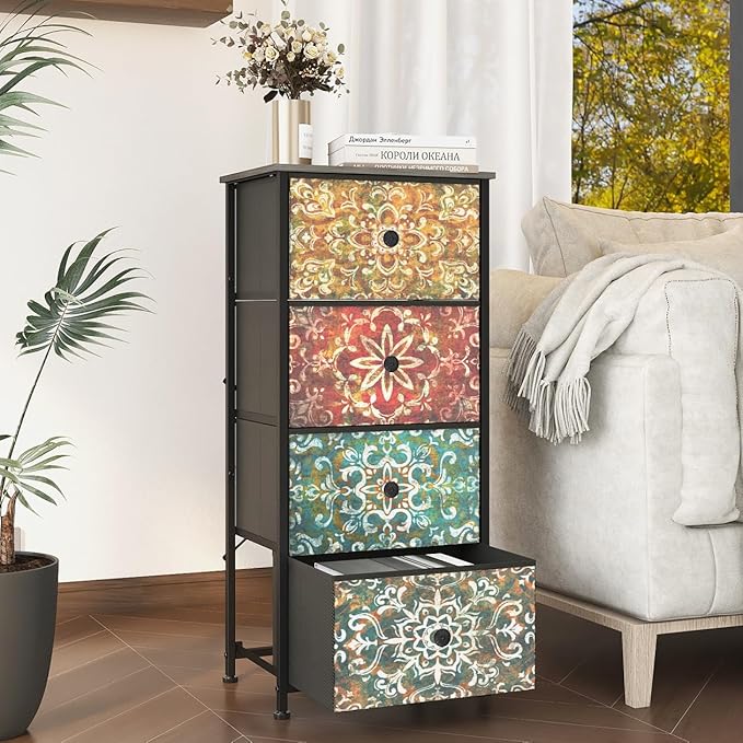 GiftGo Retro Dresser with Fabric Drawers Boho Mandala Flower Chest of Drawers Narrow Storage Tower for Small Spaces Gaps Bedroom Beautiful Nightstand Living Room Table (Mandala, 4 Drawers)