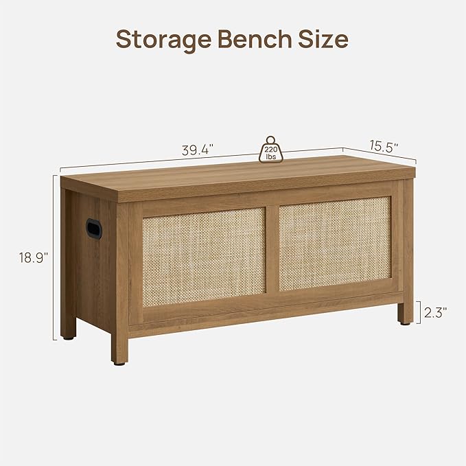 SICOTAS Rattan Storage Chest - 39.4" Storage Bench for Bedroom, Boho Storage Truck with 2 Safety Hinges and Flip Top for Living Room Entryway, Supports 220 lb, Oak