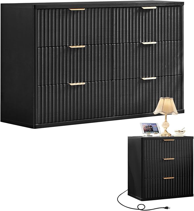 LEYAOYAO Fluted Dresser and Nightstand Sets, Wood 48" Wide Dresser & 23" Night Stand with Charging Station, 2 Piece Bedroom Furniture Set, Chest of Drawers for Bedroom, Home, Living Room, Black