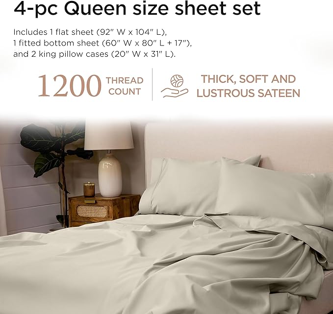 Threadmill Supima Cotton Queen Sheet Set, 1200 Thread Count Queen Sheets for Queen Mattresses, 4 Piece American Luxury Bed Sheets, Sateen Hotel Quality Sheets with Elasticized Deep Pocket, Taupe