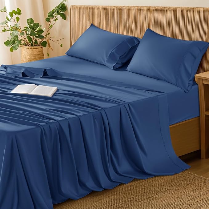 LBRO2M 100% Cotton Sheets Set Queen Size 600 Thread Count 4 Piece Sets Bed Sheet Deep Pocket Up to 16" Soft Comfortable All Season (Queen, Navy Blue)