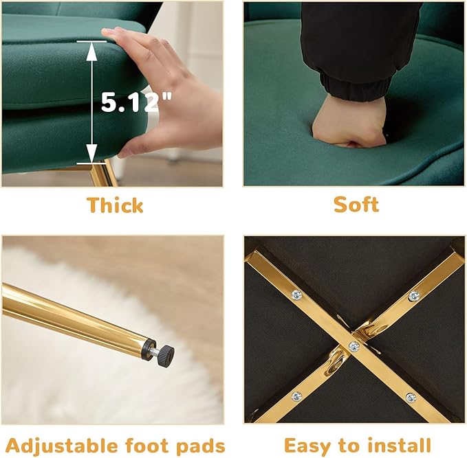 Velvet Vanity Chair with Back, Mid-Century Modern Small Accent Chair for Living Room, Golden Metal Legs Upholstered Makeup Chair, 1Pcs Bedroom Armchair, Dark Green