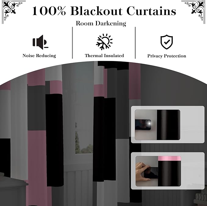 Pink 100% Blackout Curtains for Bedroom 45 inch Length 2 Panels Set Grey Modern Abstract Geometric Black Out Curtains Insulated Room Darkening Window Drapes for Living Room, 52Wx45L
